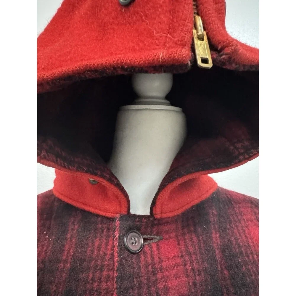 Vintage Woolrich #501 Red Buffalo Plaid Hunting Coat Split Hood Size 46 Rare